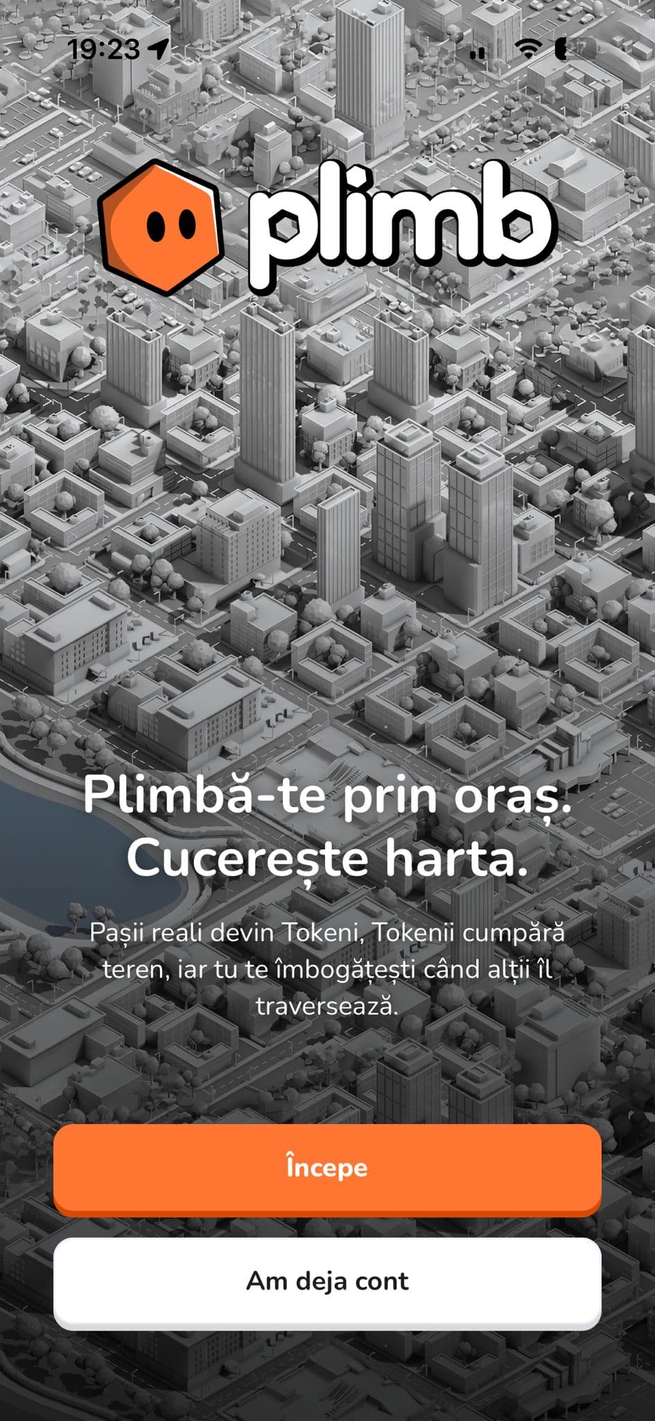 Ecran de onboarding din aplicația Plimb